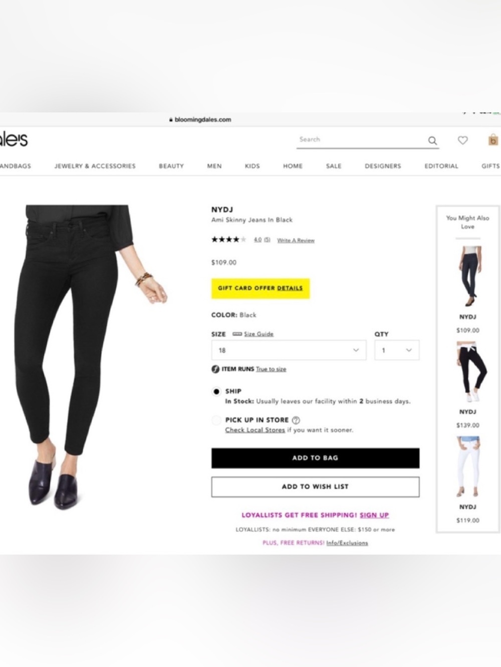 NYDJ Ami Skinny Jeans in Black